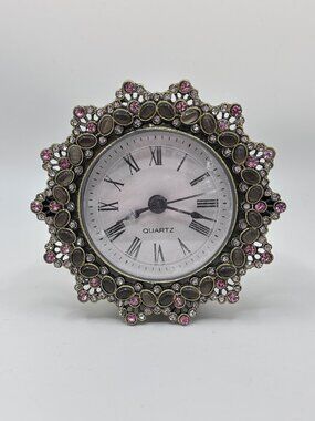 Quartz Tabletop Mantel Gold Metal Ornate Pink Jeweled Battery Operated  4x4 VTG